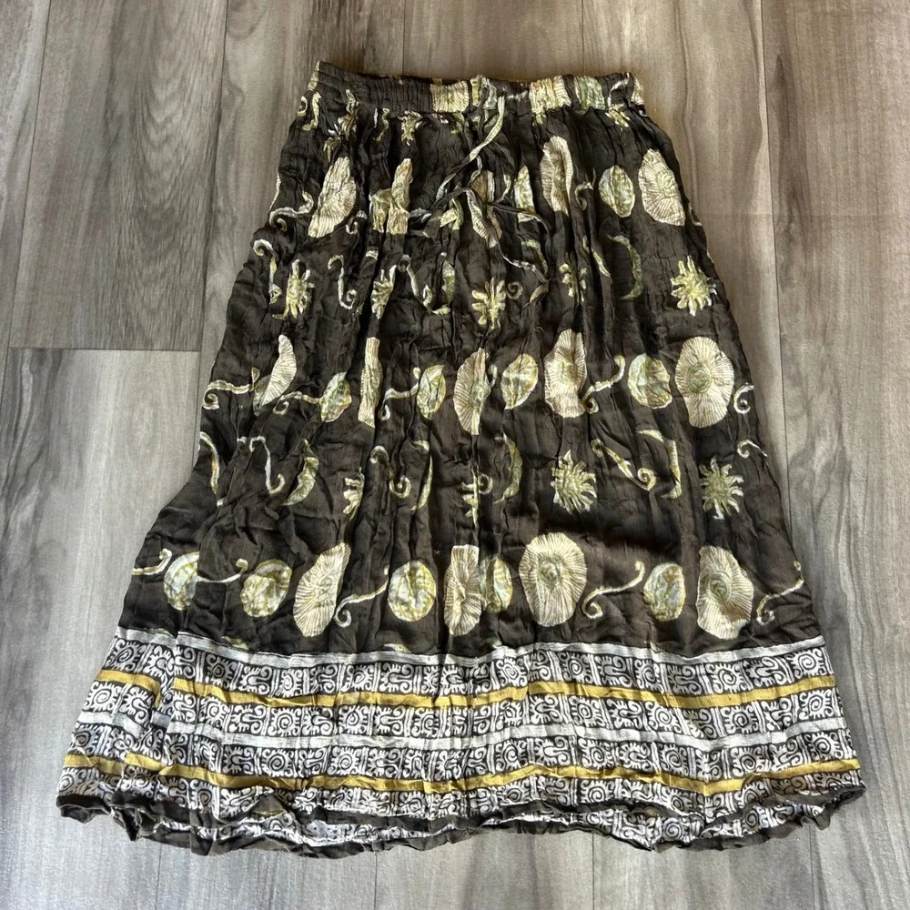 Orvis Brown Rayon Celestial Sun Moon Print Midi Skirt Elastic Waist Boho 0833